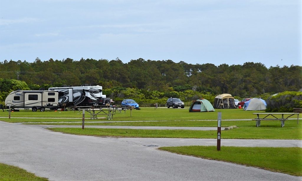 RVs and tents at Ocracoke Campground in the Cape Hatteras National Seashore