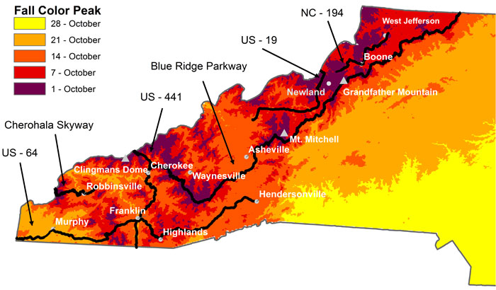 Color-coded map of peak fall leaf viewing in western North Carolina