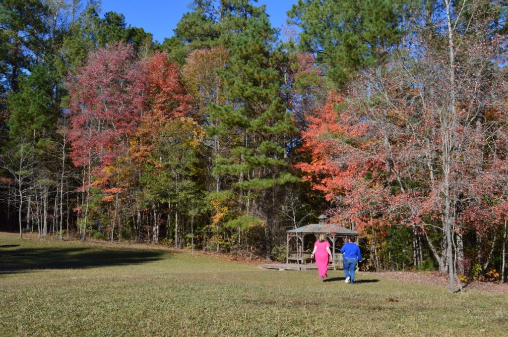 Tow women and gazebo on Clemmons Educational State Forestlawn at 