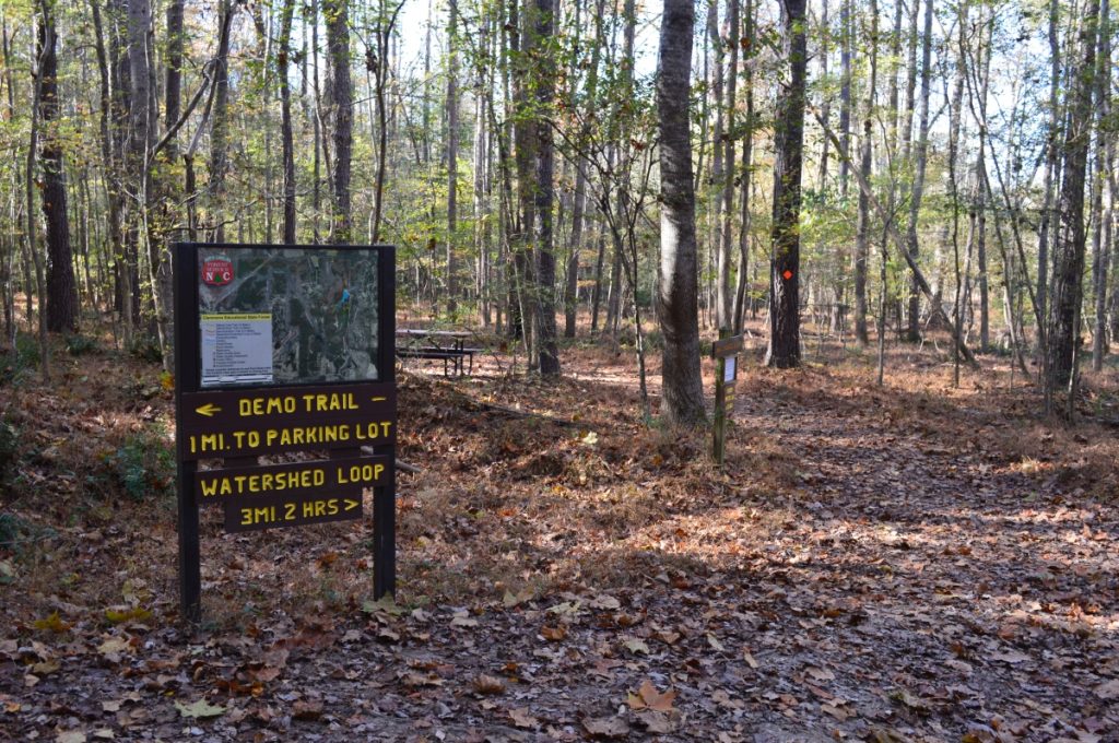 Watershed Trail sign and trail at Clemmons Educational State Forest