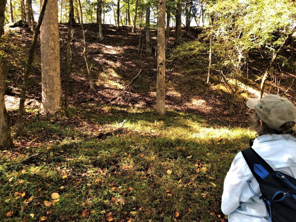 hiker on Three Rivers Trail at Morrow Mountain State Park