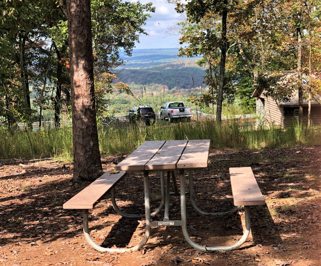 picnic table with view of valley beyond parking lot at Morrow Mountain State Park
