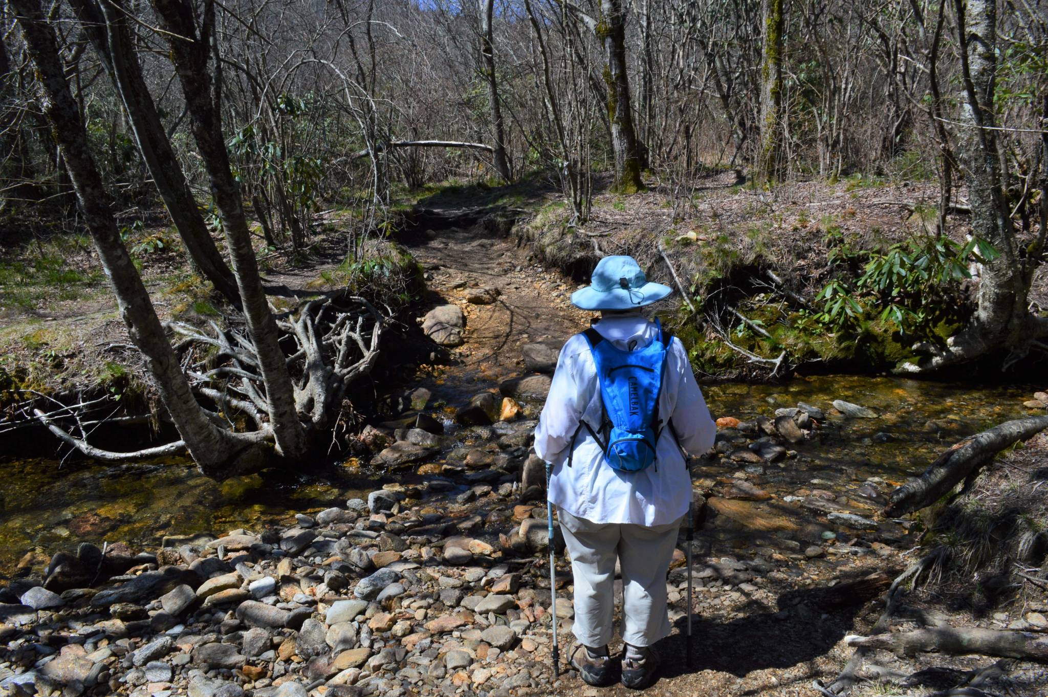 wman fording stream on trail to upper falls in pisgah national forest