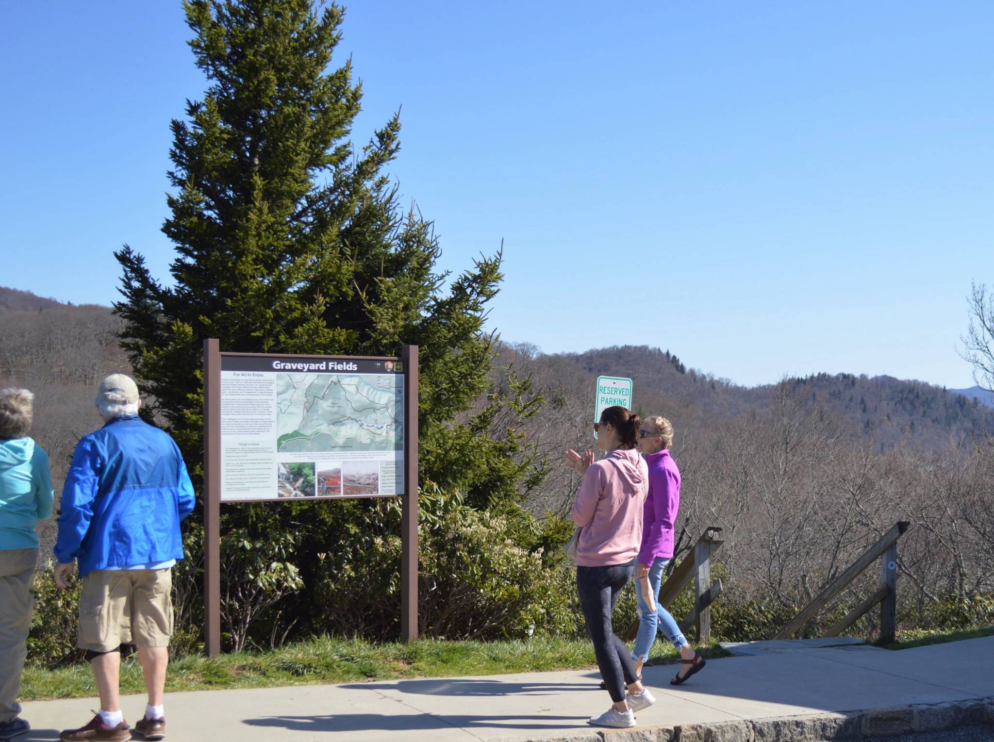 Sign and people at trailhead to graveyard fields trail on blue ridge parkway